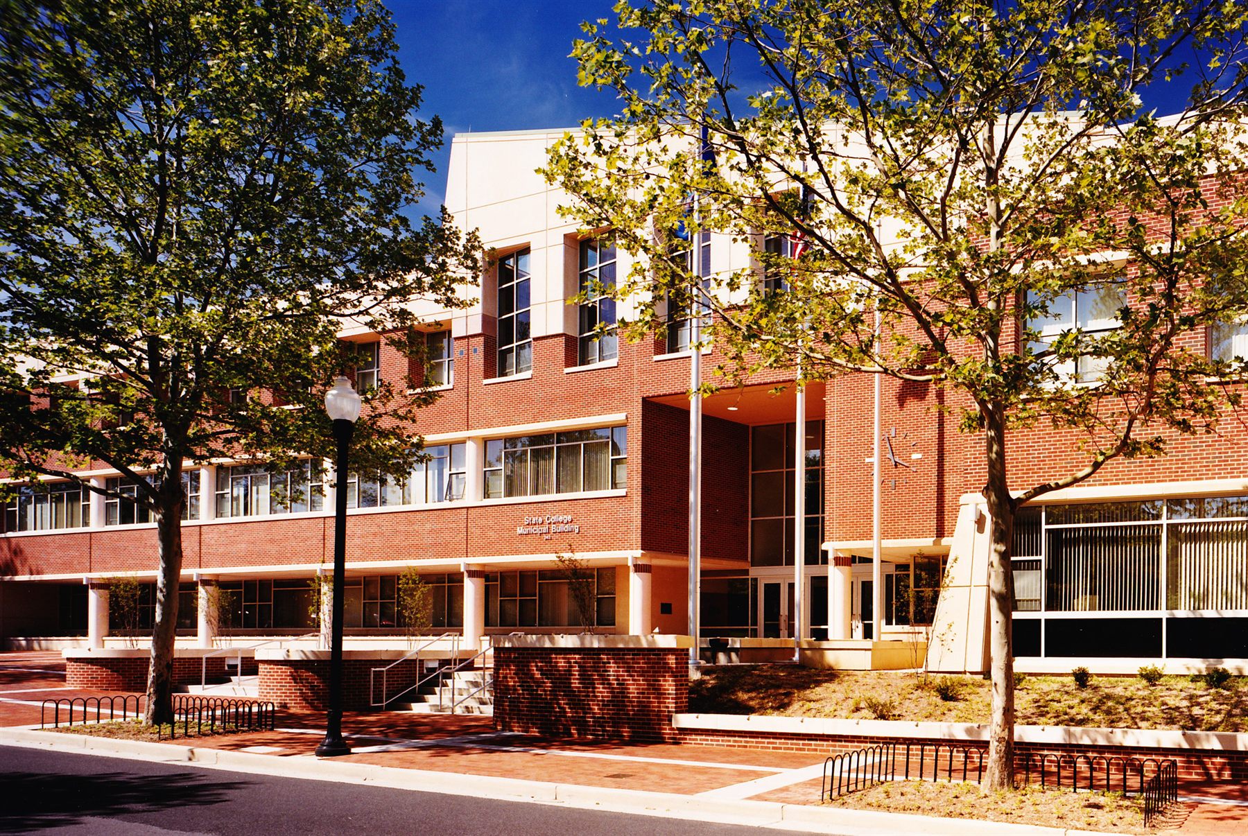 Institutional campus with brick facade and plaza